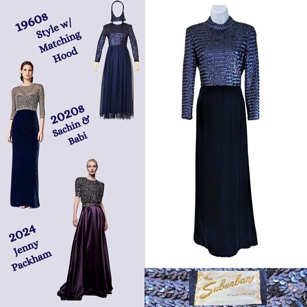Vintage 60s Country Miss THE SUBURBAN Blue Sequin Velvet Blocked Evening Dress S